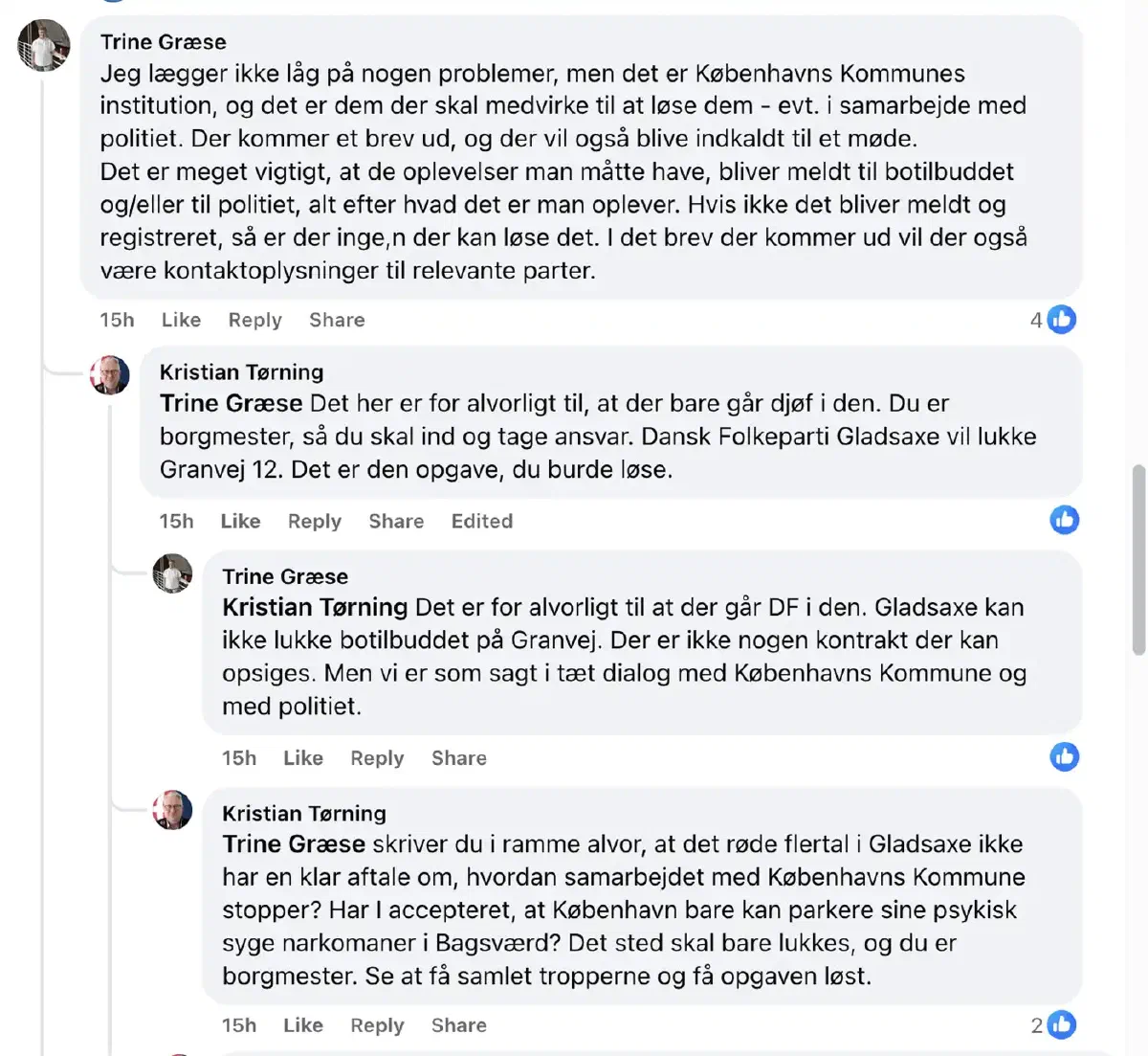 Facebook-debat mellem Trine Græse og Kristian Tørning om Granvej 12