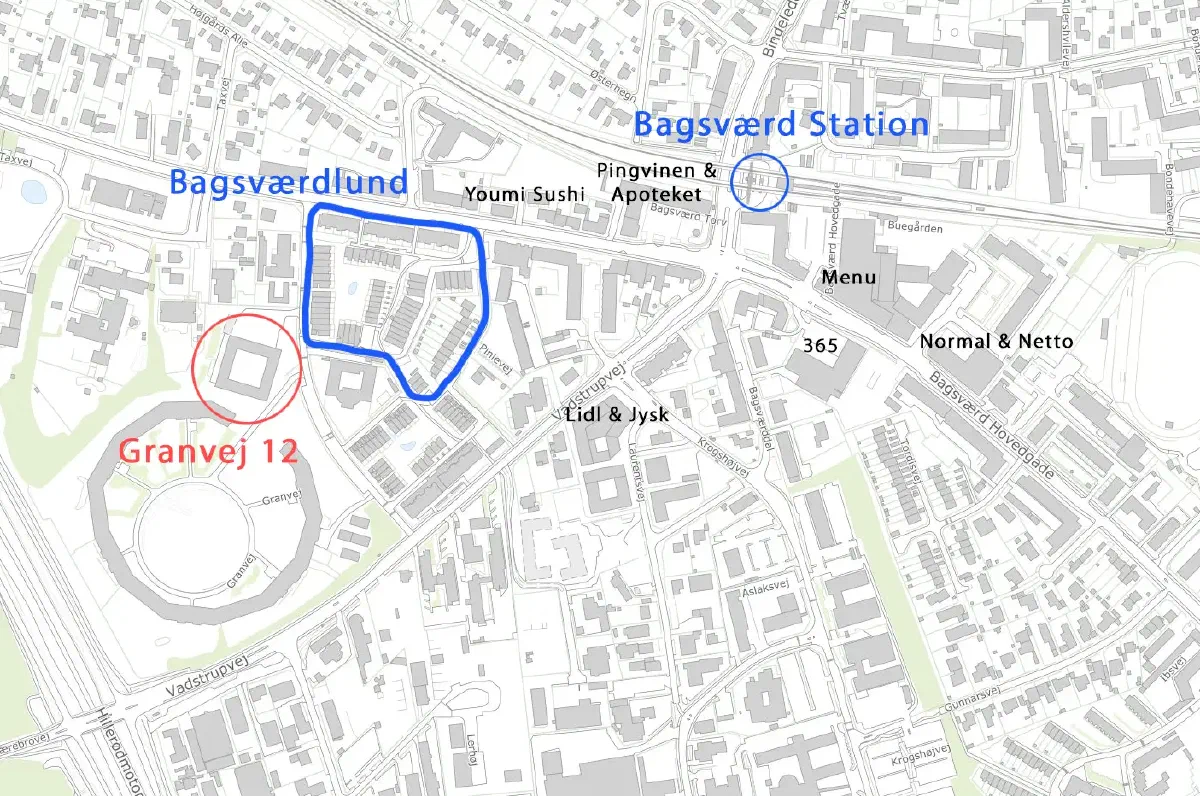 Oversigtskort over Bagsværd med Granvej 12 markeret