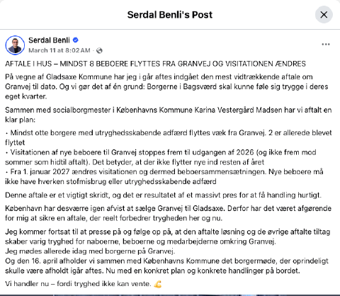 Serdal Benlis Facebook-opslag med overskriften Aftale i hus