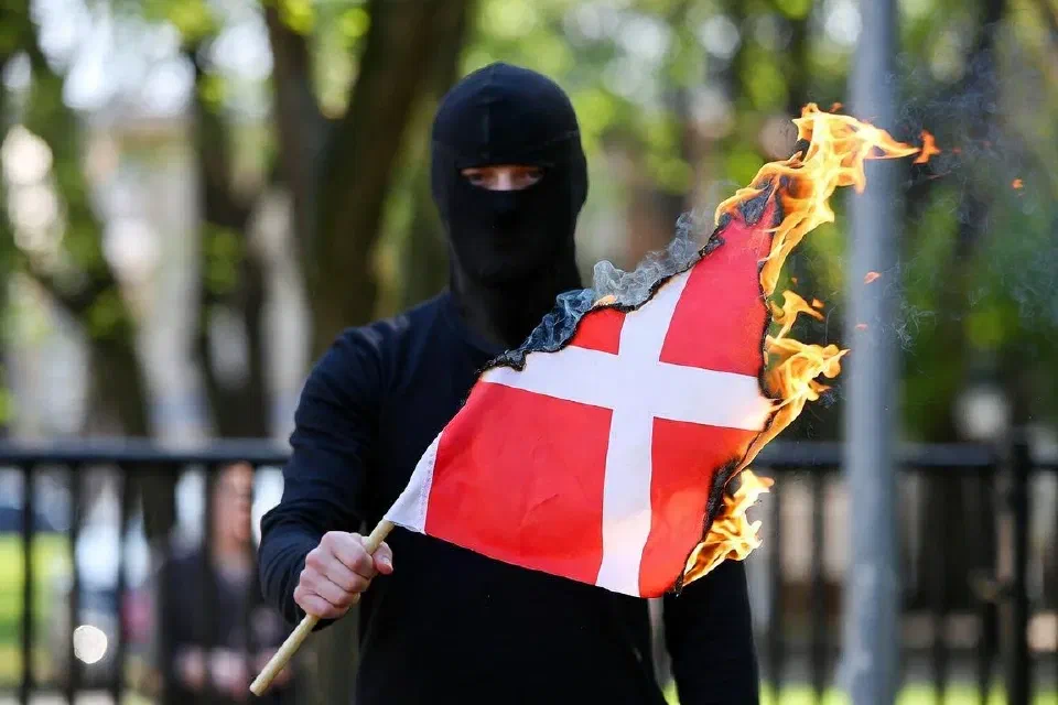 Maskeret person brænder et Dannebrog af i en park